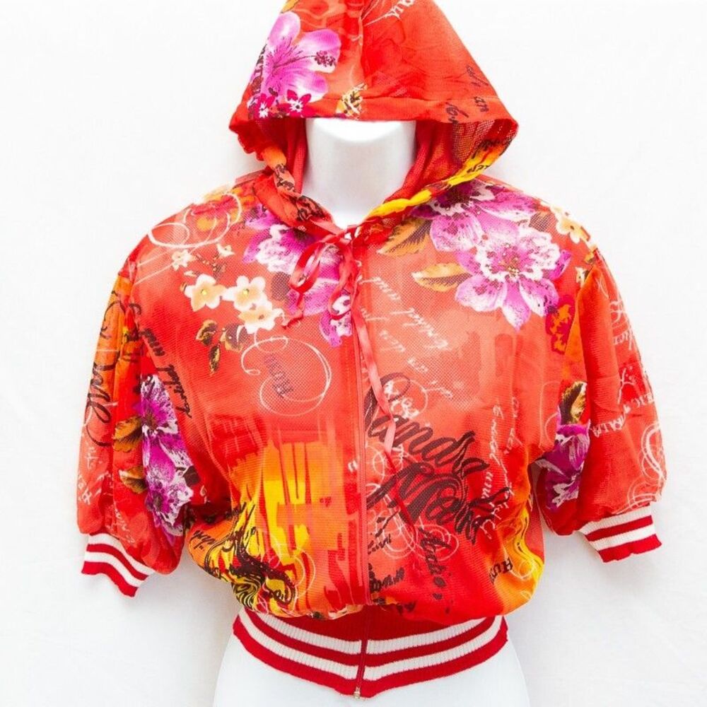 Vgt Y2K Ed Hardy Style Cropped Tattoo Print Mesh Hooded Jacket Italy Varsity S